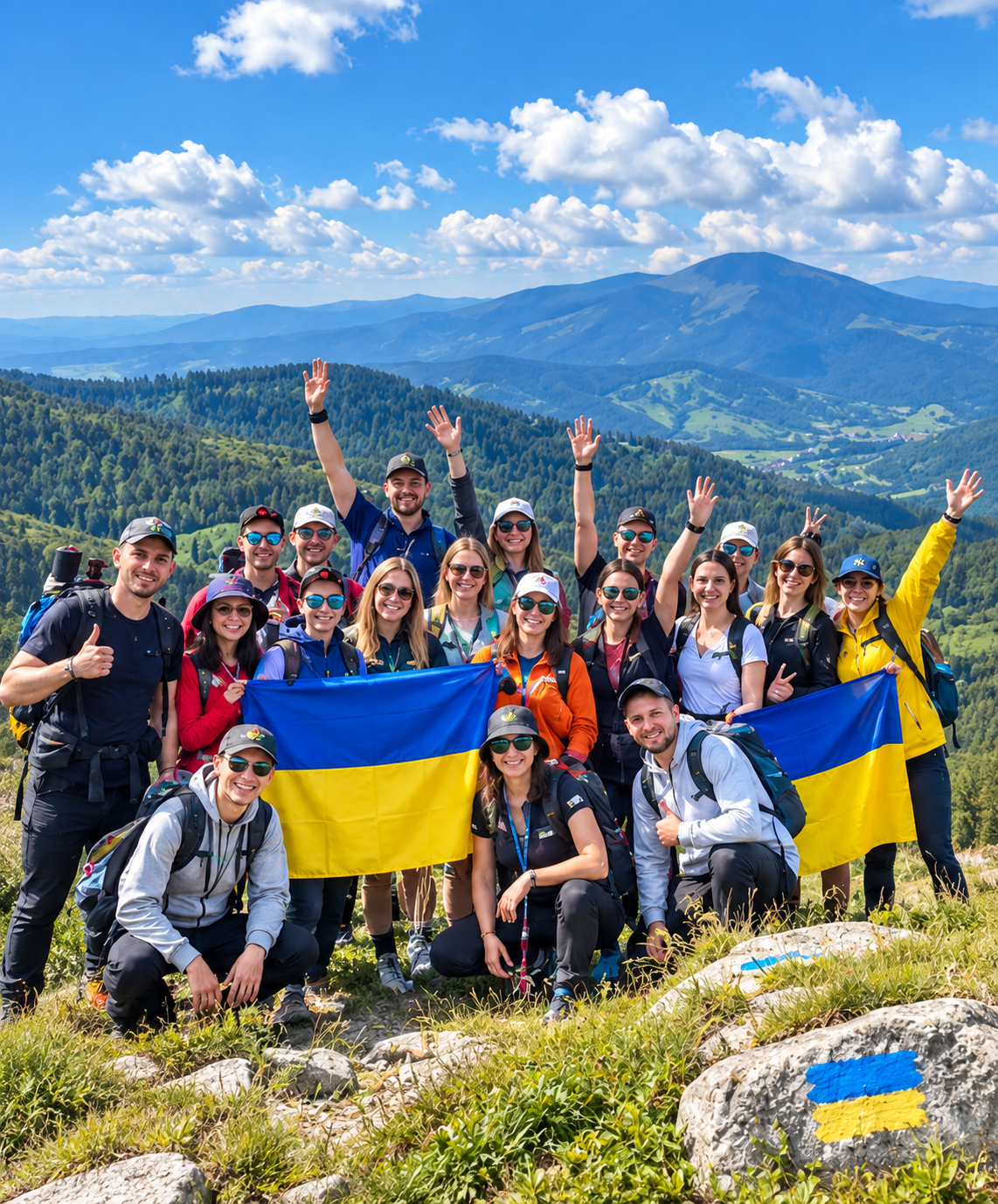 Група туристів з прапором України на фоні Карпатських гір